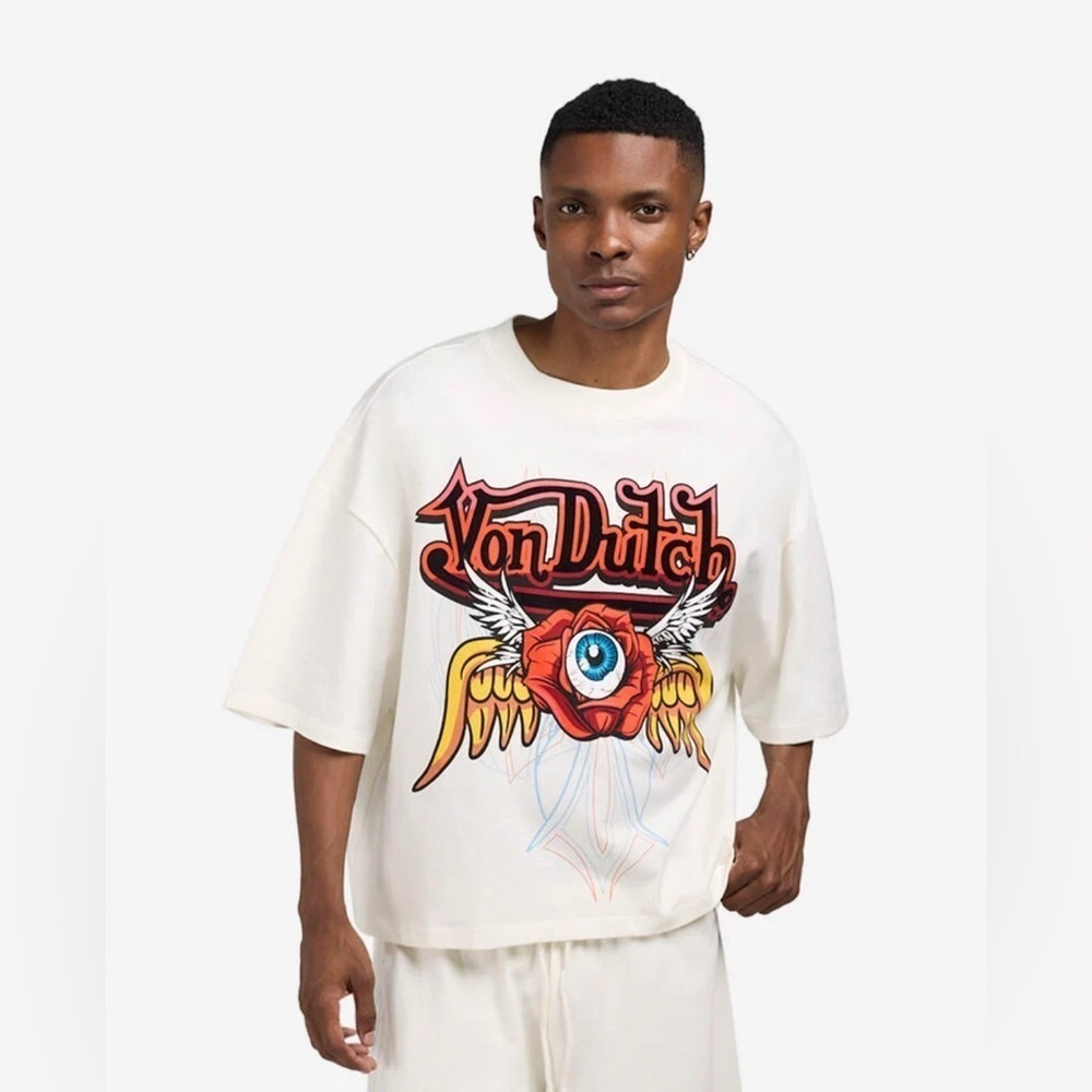VON DUTCH Men's Vintage Floral Logo Cropped Oversized T-Shirt